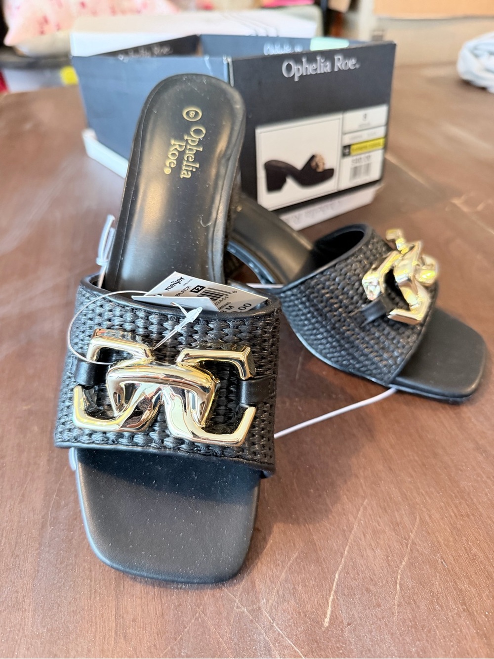 Ophelia Roe Black Woven Slide with Gold Accent